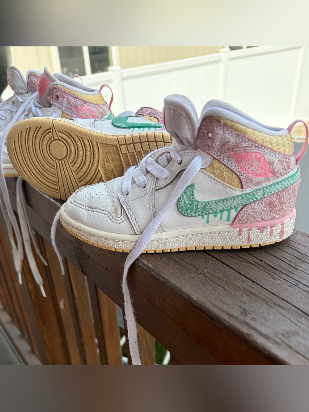 Jordan Kids ice cream White Sneakers with Mint Green, Pink, and Gold Accents